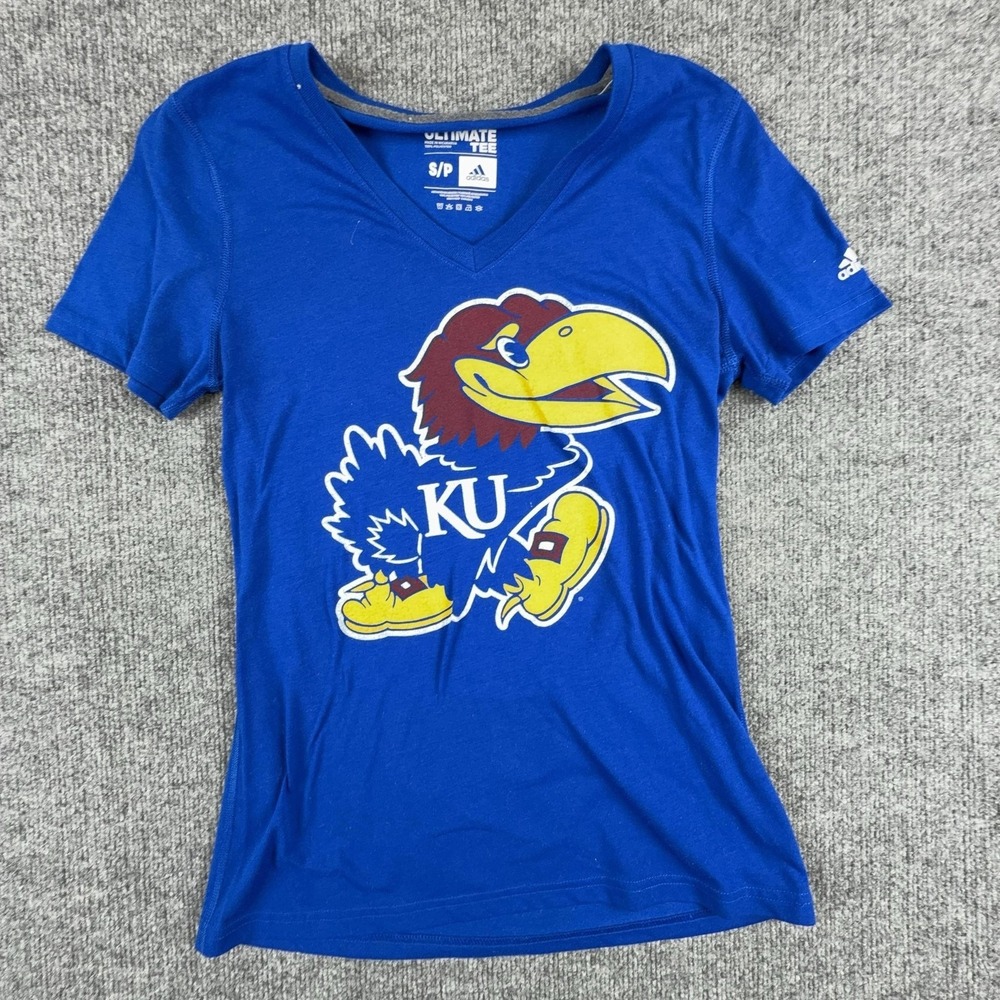 Kansas Jayhawks Shirt Womens Small Blue‎ NCAA Basketball V Neck Climalite Adidas